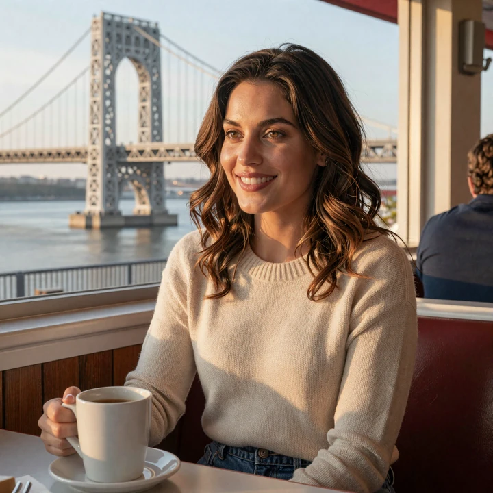 New York woman in Hudson Valley diner smiling at camera - NYC trucker dating
