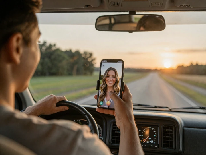 Trucker on a video call with his partner from the cab during a layover, illustrating long distance trucker dating communication