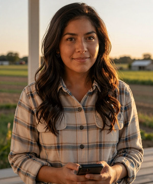 Woman on her front porch at golden hour calling her trucker partner - building trust at a distance