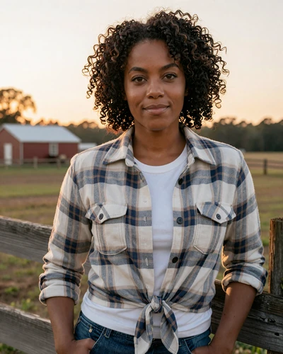 Jasmine, 35, by a Georgia farm fence at sunset - Bible Belt trucker dating