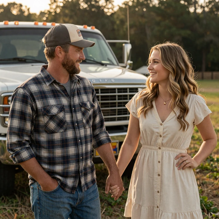 Southern trucker couple holding hands at Georgia farm - Atlanta faith-friendly trucker dating