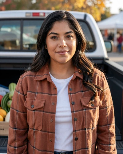 Maria, 29, Omaha NE - Latina woman in flannel at farmers market, Nebraska CDL dating profile