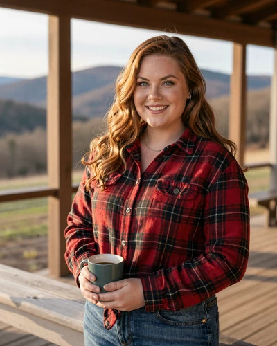 Hannah, 32, Russellville Arkansas trucker dating profile in flannel on a farmhouse porch