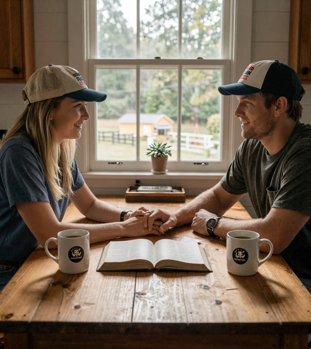 Georgia trucker couple sharing morning prayer and coffee before a long haul
