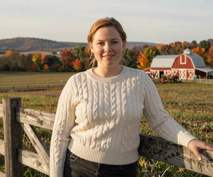Friendly Pennsylvania woman in casual sweater on rural farm fence - verified PA trucker dating profile