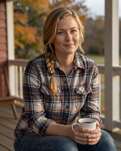 Hannah from Hudson Valley on farmhouse porch with coffee - upstate NY trucker dating profile