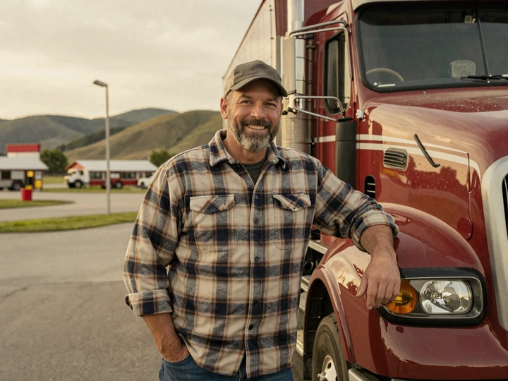 American CDL truck driver in flannel beside his red Peterbilt at a rural truck stop - trucker dating site origin story