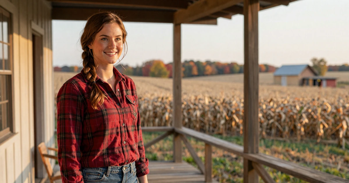 Friendly Ohio woman in flannel on a country farmhouse porch - heartland trucker dating in Ohio
