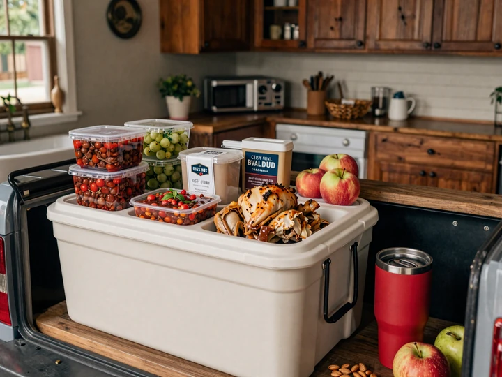 Home-packed cooler with healthy meals and snacks for a long-haul truck driver