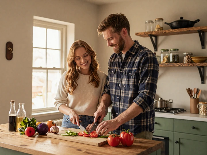 Trucker couple cooking dinner together at home during quality time between runs