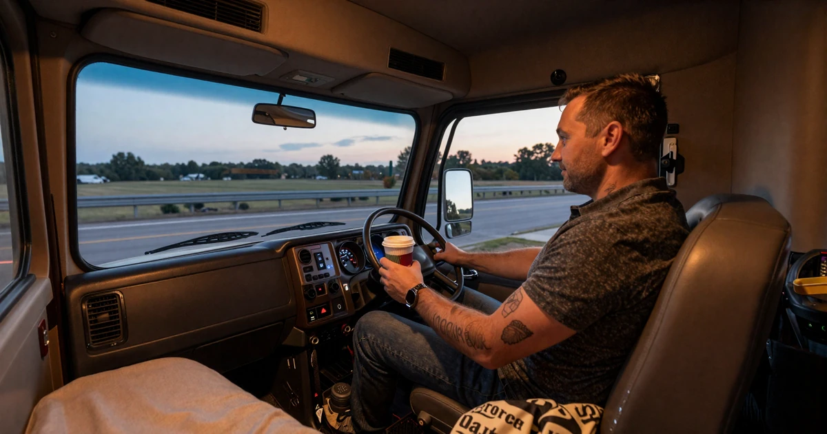Lonely trucker at a late-night truck stop diner with coffee - truck stop loneliness and modern dating