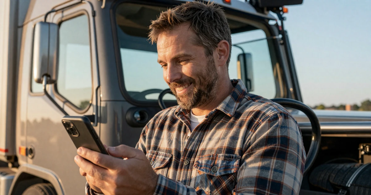 Trucker on a phone call inside his cab at a roadside diner - life on the road dating