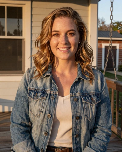 Hannah, 29, smiling on a Tennessee farmhouse porch - trucker dating profile