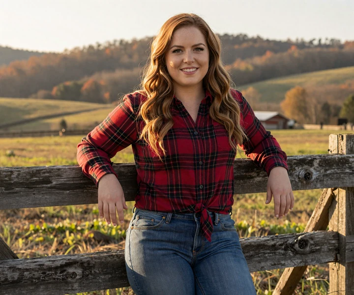Friendly Arkansas country woman in flannel leaning on a fence at golden hour - trucker dating Arkansas