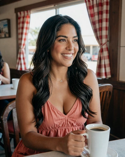 Marisol, 33, laughing at a Texas roadside diner - woman who loves truckers