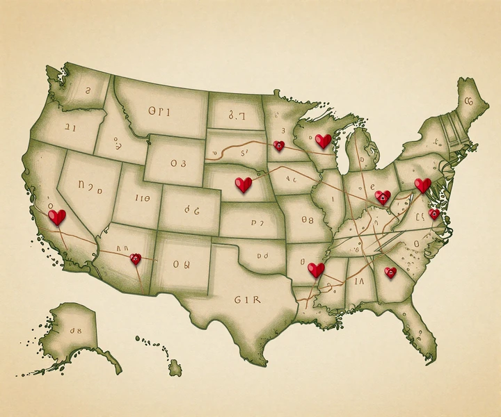 Stylized US map showing 11 states for local trucker dating across major highway corridors