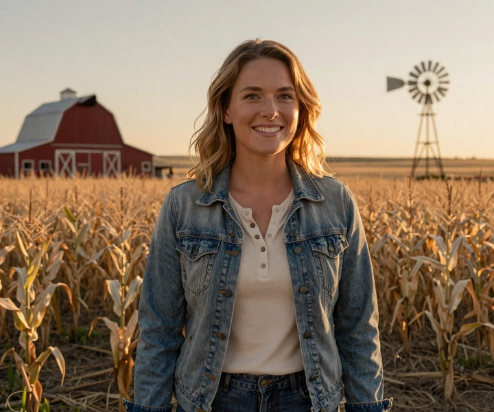 Friendly Nebraska woman in denim and jeans smiling at sunset in a cornfield - Nebraska trucker dating profile
