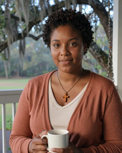 Janelle, 37, Orlando woman on a porch swing with coffee - Florida trucker dating profile