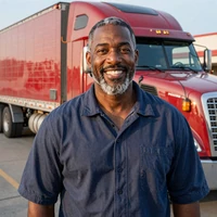 Marcus, a Kansas City OTR truck driver, smiling at a truck stop