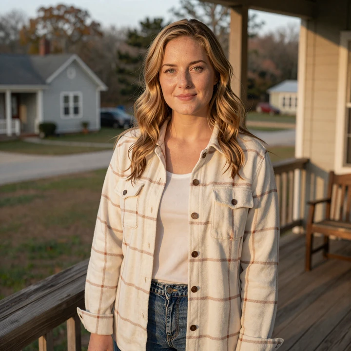 Atlanta woman in flannel smiling on porch - trucker dating Atlanta member