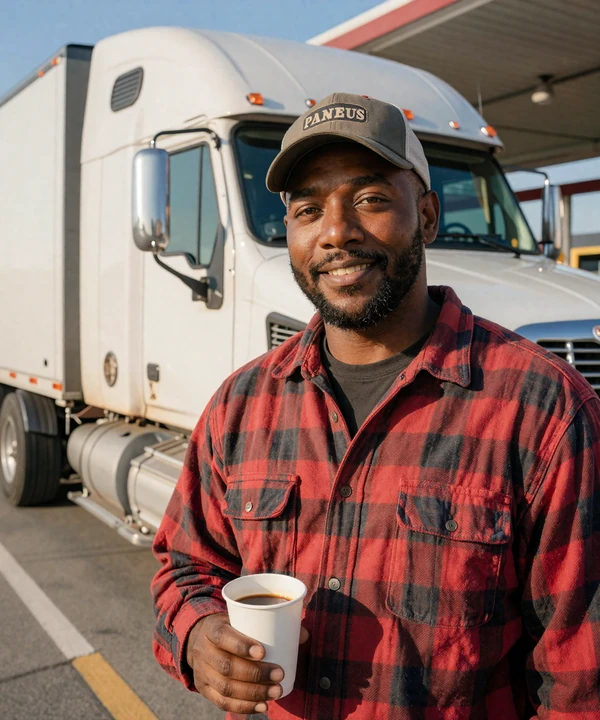 Verified American trucker in flannel shirt next to his rig - example of an authentic profile photo