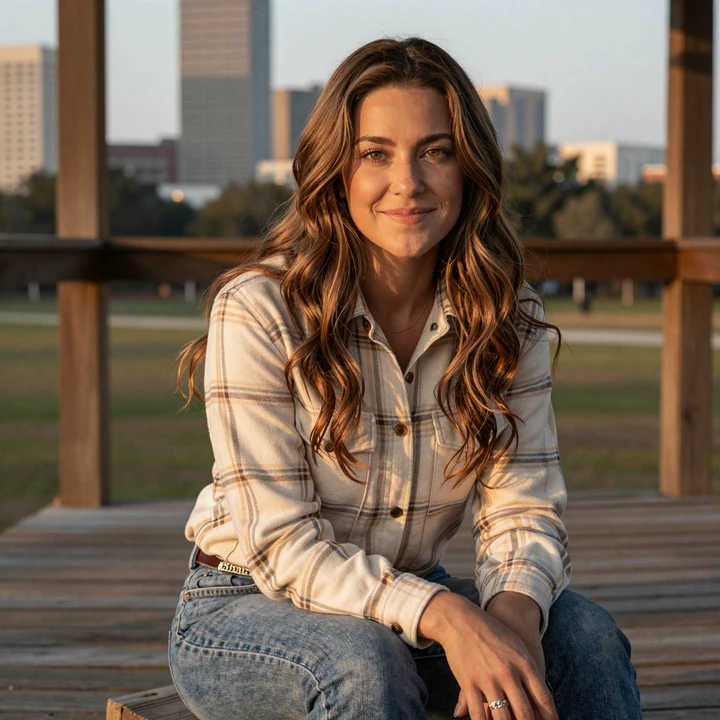 Houston woman in casual flannel smiling on porch - trucker dating Houston profile