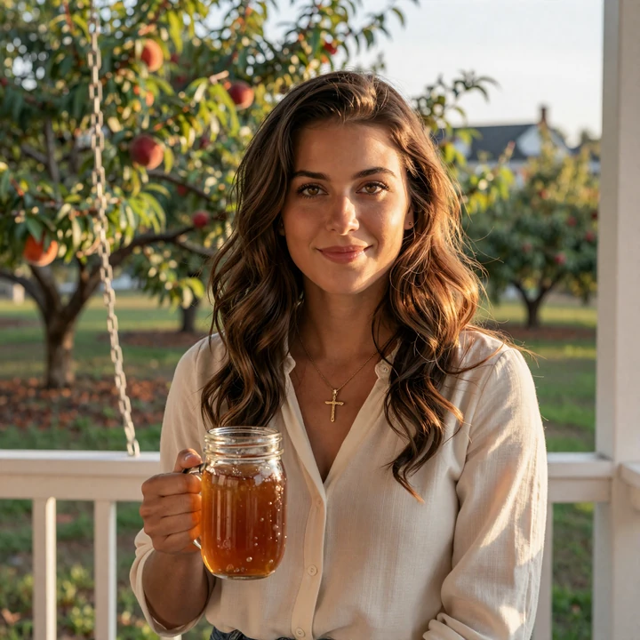 Friendly Georgia woman on a farmhouse porch in golden hour - trucker dating Georgia profile preview