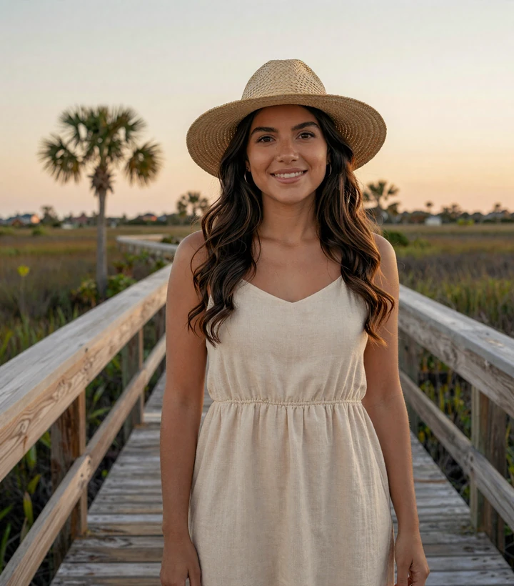 Friendly Florida woman in a linen sundress at golden hour - authentic Florida trucker dating profile