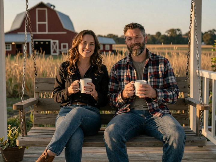 Trucker couple sharing coffee on a country porch at golden hour, illustrating real-life rituals for life on the road and dating