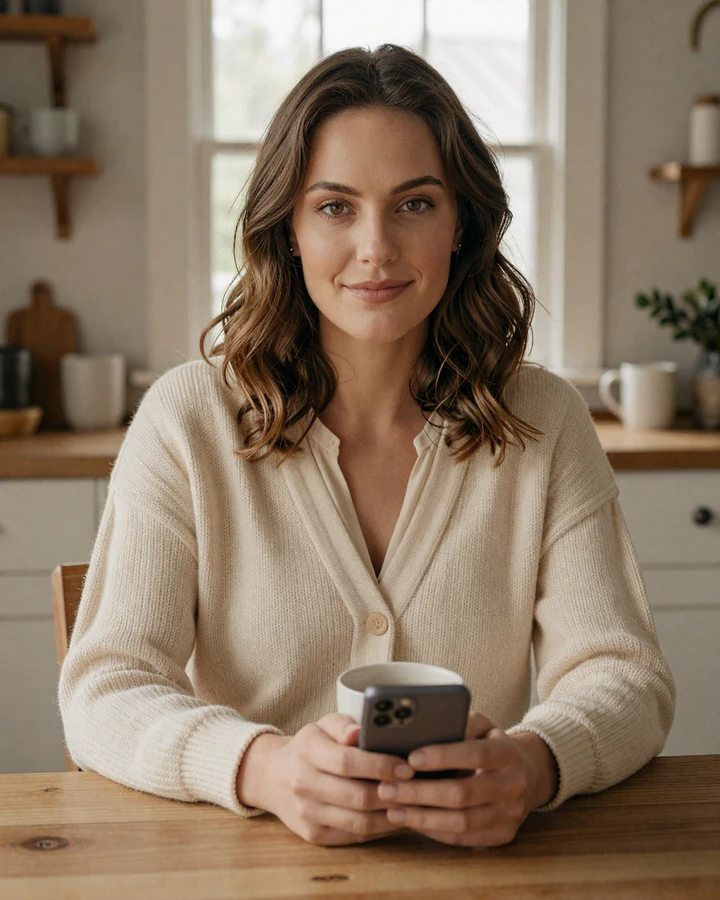 Woman in cream cardigan smiling at her phone while video calling a trucker boyfriend - safe online trucker dating