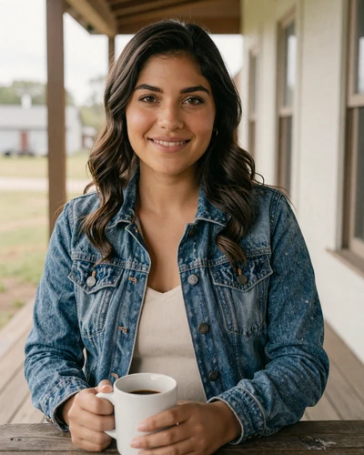 Mariana, 29, from Des Moines Iowa - trucker dating profile on porch with coffee
