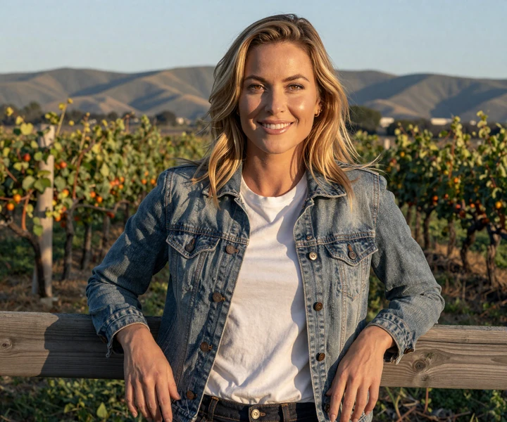 California woman in denim smiling at golden hour - trucker dating California profile preview