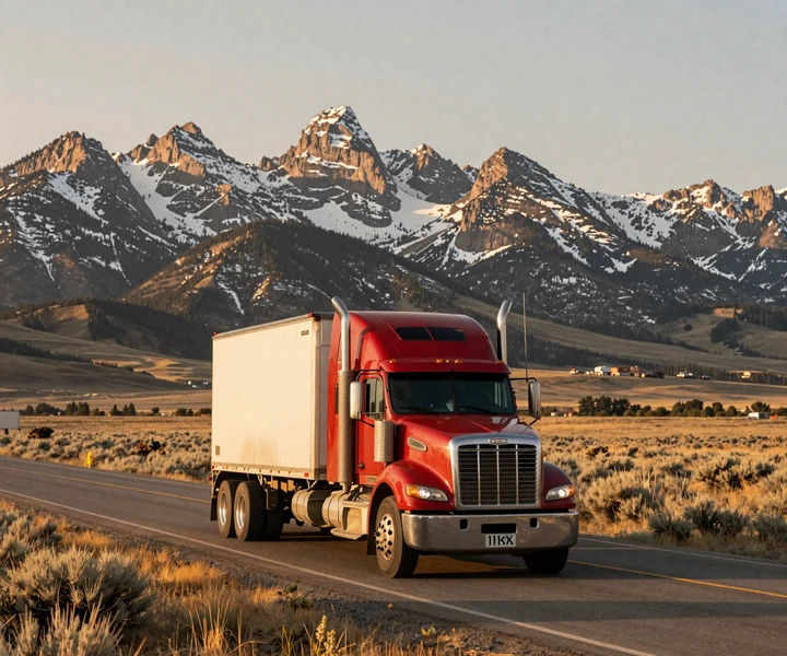 Red semi-truck on Wyoming I-80 corridor at sunset - trucker dating Wyoming for CDL singles