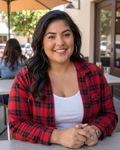 Carmen, 29, Fresno CA - Latina trucker dating profile in red flannel at coffee shop
