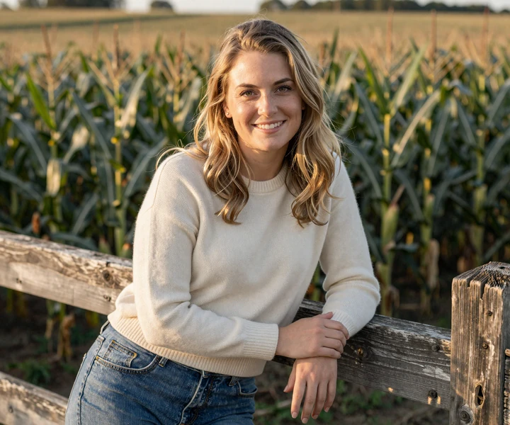 Iowa woman in cream sweater smiling at the edge of a cornfield - trucker dating Iowa profile