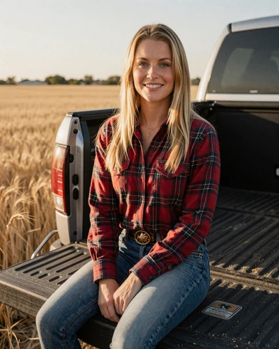 Megan, 29, blonde Texas woman in plaid flannel on a pickup tailgate - trucker dating Waco profile