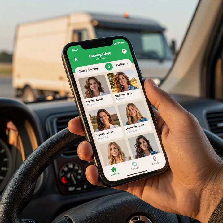Trucker singles browsing a country-lifestyle dating app inside the cab - modern alternative to truck stop loneliness