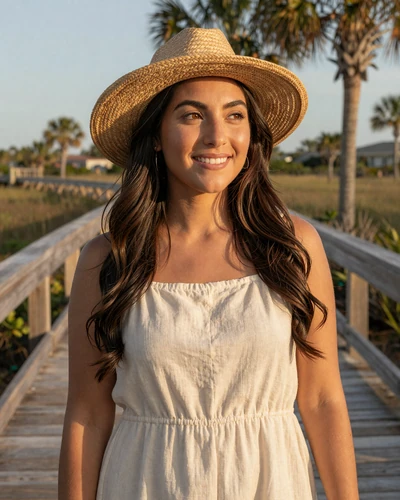 Maribel, 32, Jacksonville Florida trucker dating profile in cream sundress on a coastal boardwalk