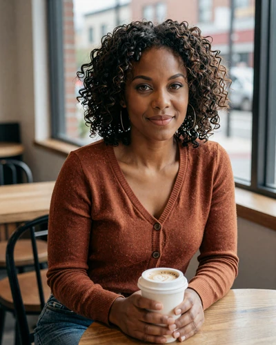 Aaliyah from Newark NJ holding coffee at window seat - tri-state trucker dating profile