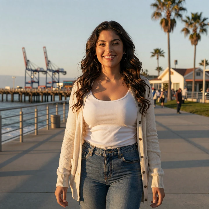 Friendly Los Angeles woman in casual clothing on Long Beach pier - LA trucker dating profile