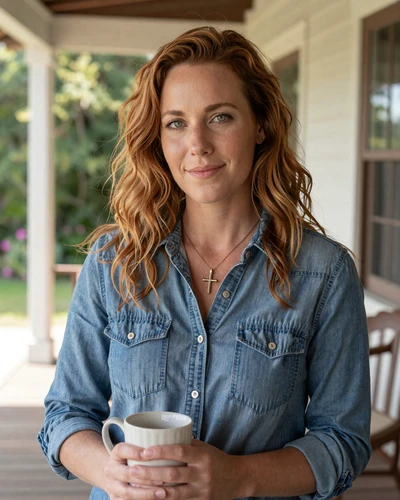 Rachel, 38, Sacramento CA - trucker dating profile in denim shirt holding coffee mug