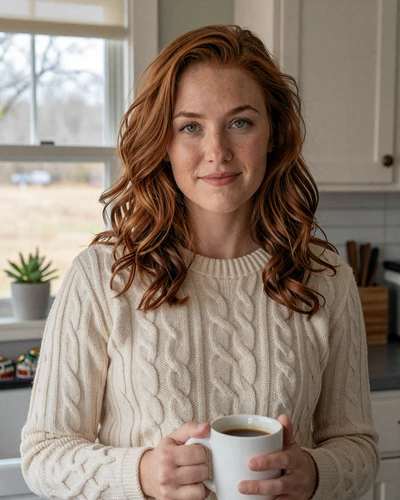 Cassidy, 31, by an Iowa kitchen window with coffee - small-town trucker singles
